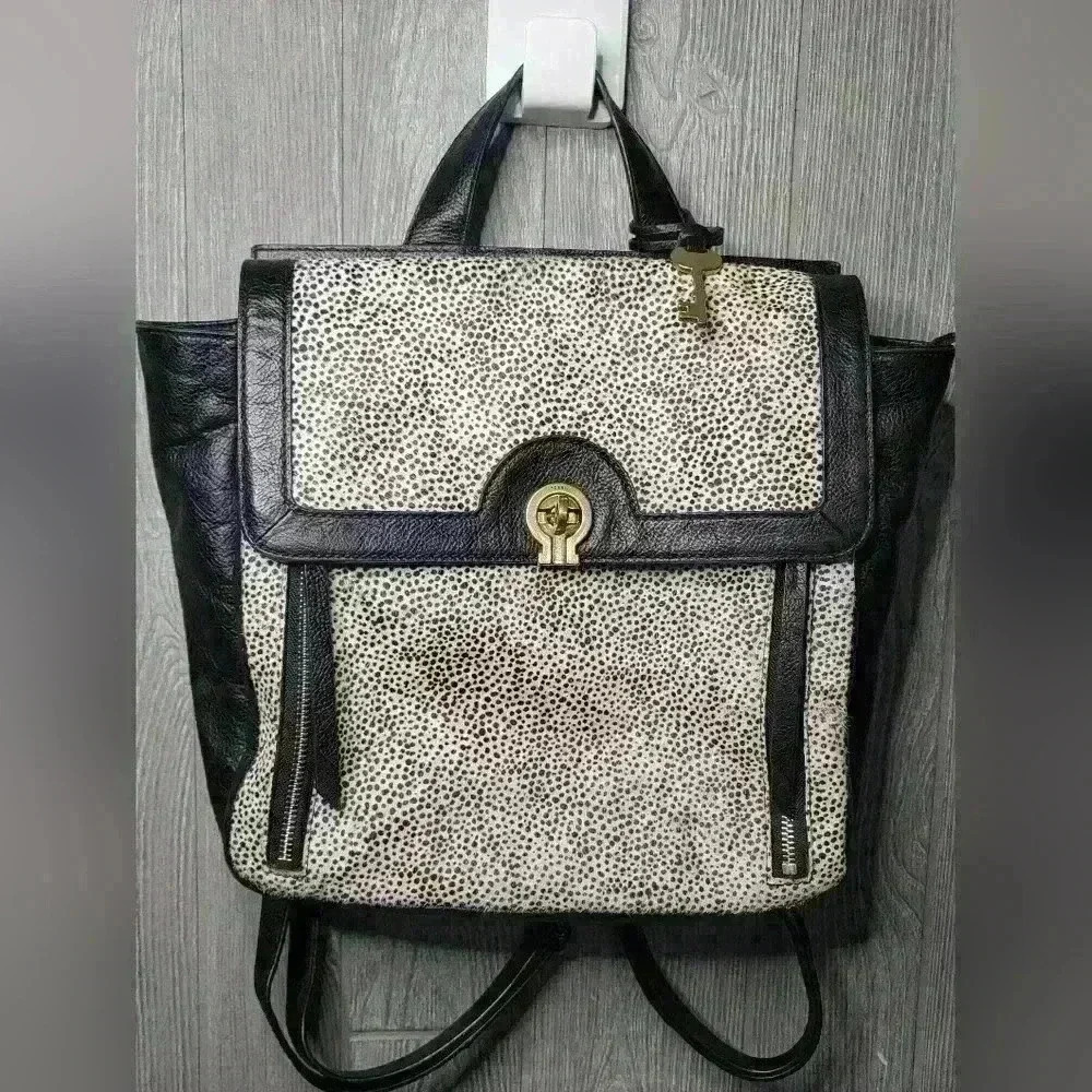 ♡Fossil Amelia White Cheetah Black Leather Backpack Shoulder Bag ZB7856504 C-30